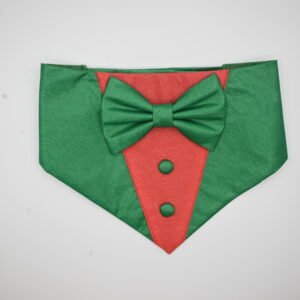 Festive Green & Red Satin Tuxedo Bandana with Bow for Dogs & Cats