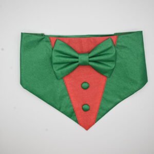 Festive Green & Red Satin Tuxedo Bandana with Bow for Dogs & Cats